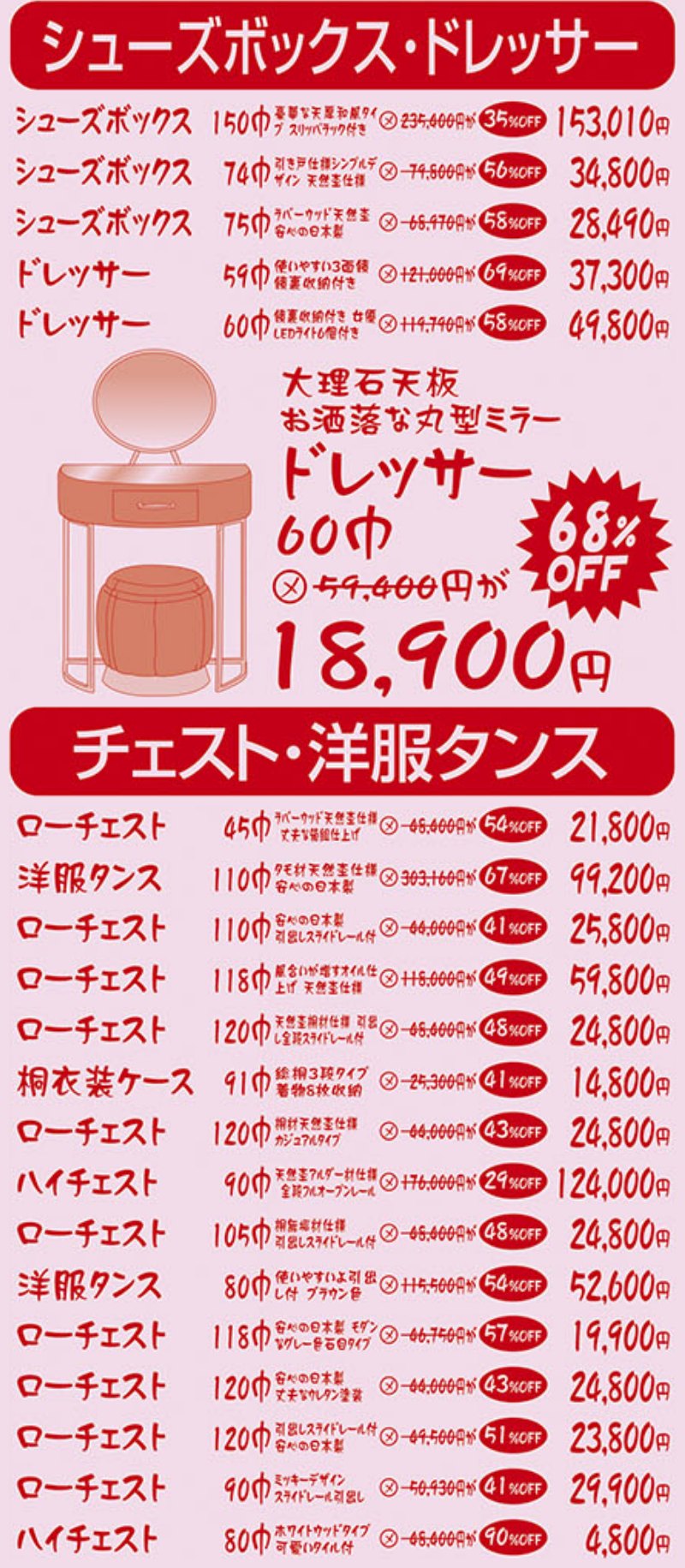 家具のホンダ太田店が大現品市！限界を超えろ！特別企画！最大97%OFF！